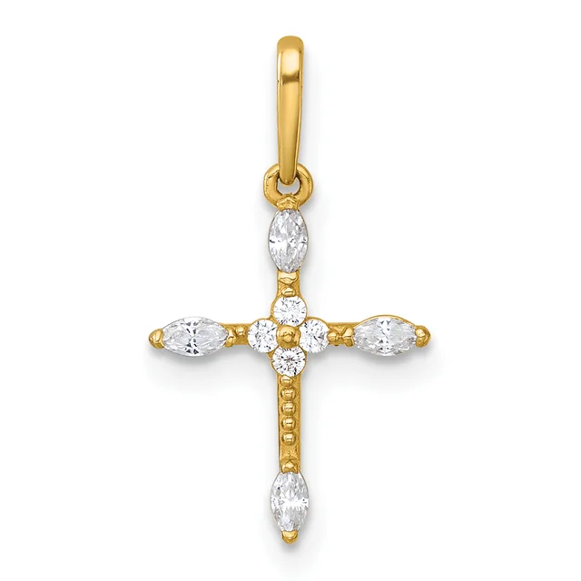 A gold cross pendant with oval and round cubic zirconia stones set throughout, featuring a bail loop at the top and decorative beaded detailing along the vertical stem.