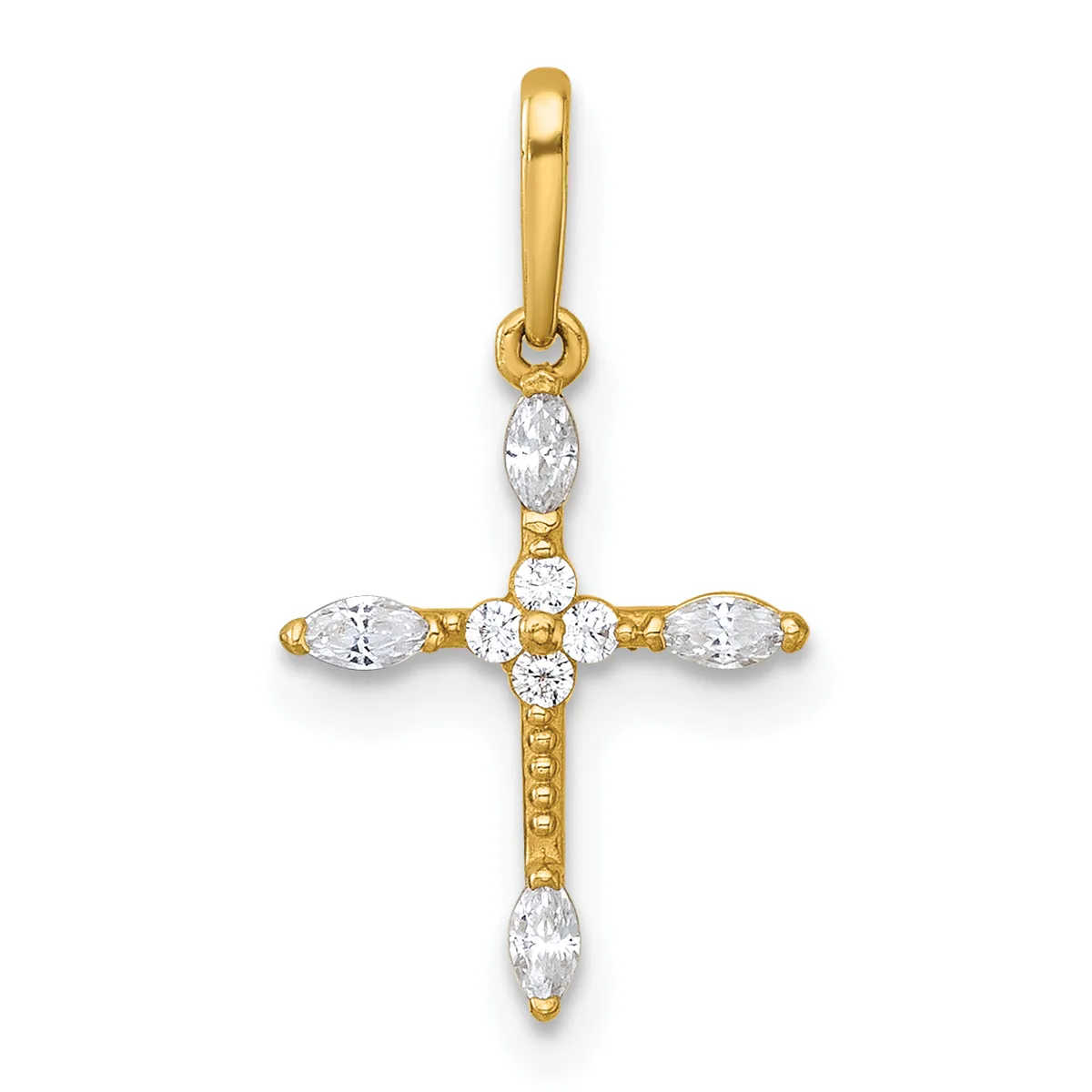 A gold cross pendant with oval and round cubic zirconia stones set throughout, featuring a bail loop at the top and decorative beaded detailing along the vertical stem.