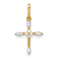 A gold cross pendant with oval and round cubic zirconia stones set throughout, featuring a bail loop at the top and decorative beaded detailing along the vertical stem.