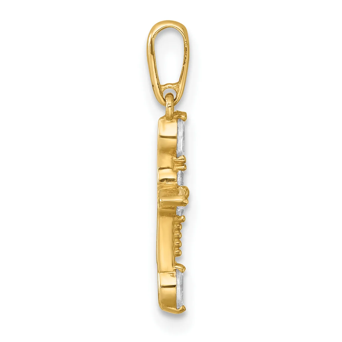 A gold pendant charm featuring a rectangular cityscape or skyscraper silhouette design with clear cubic zirconia stones, suspended from a gold lobster clasp.