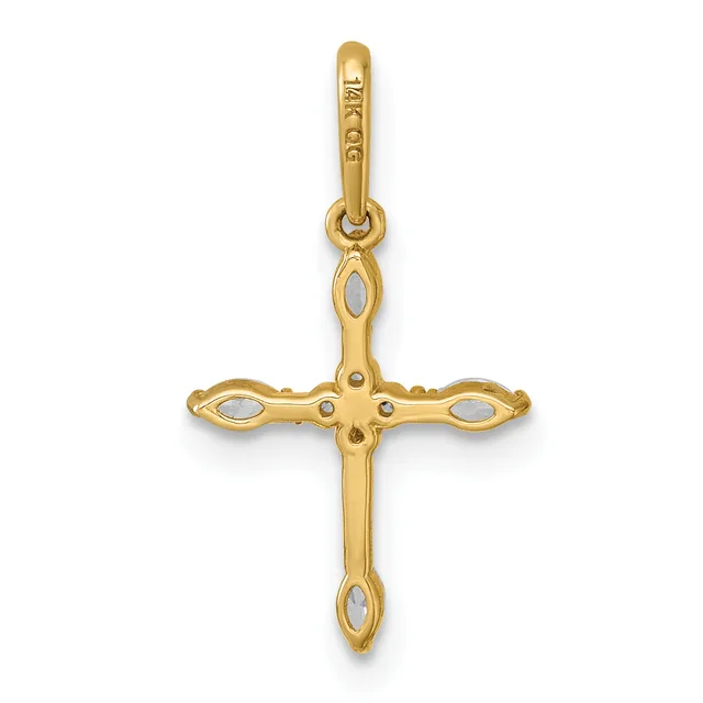 Gold cross pendant with oval mother-of-pearl inlays at the ends of each arm and a small loop at the top for hanging.