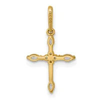 Gold cross pendant with oval mother-of-pearl inlays at the ends of each arm and a small loop at the top for hanging.