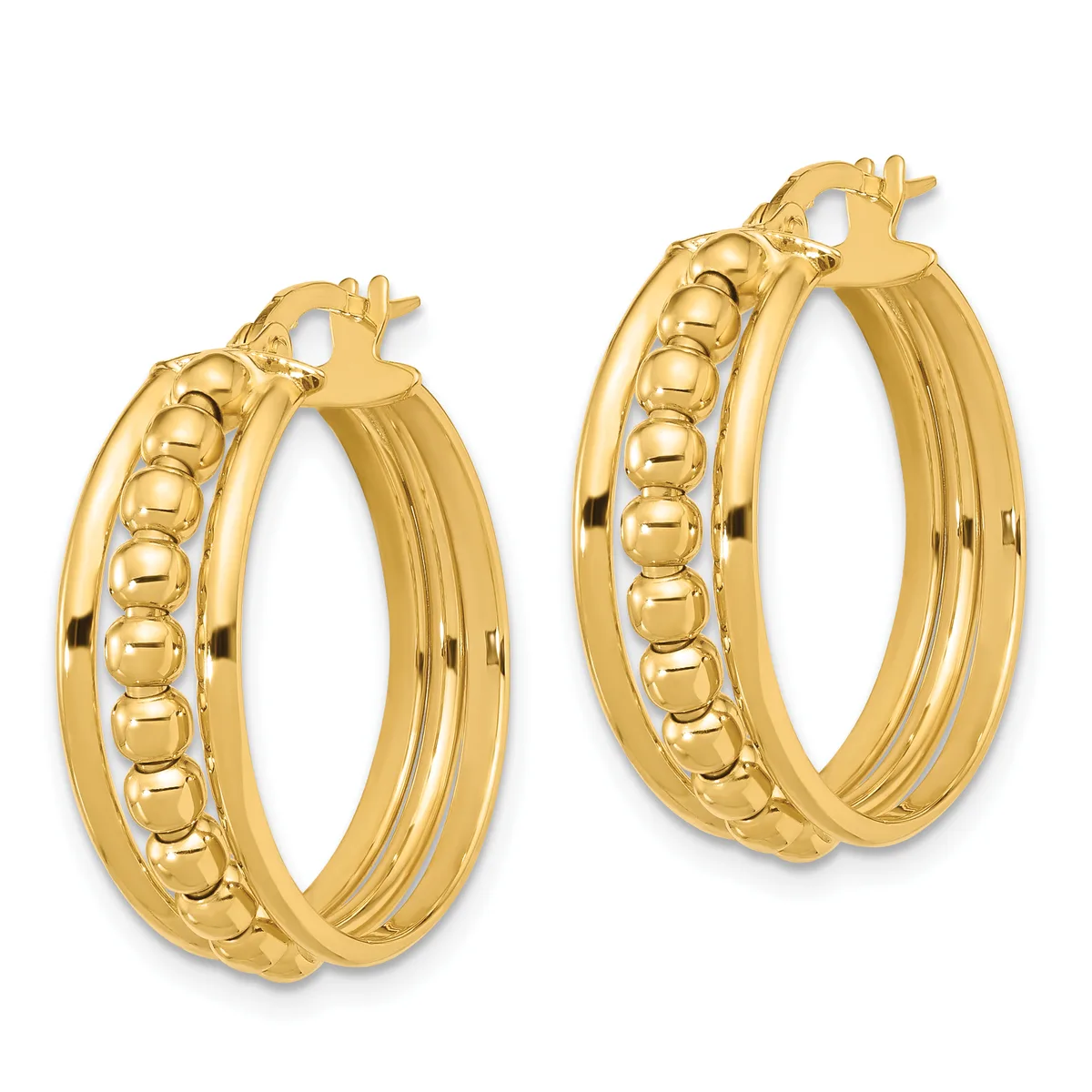A pair of gold hoop earrings with ridged outer surfaces and beaded inner details, shown at different sizes side by side.