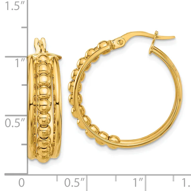Gold-colored hoop earrings with textured beaded surface detail, shown from front and side views with measurement scale indicating approximately one inch in diameter.