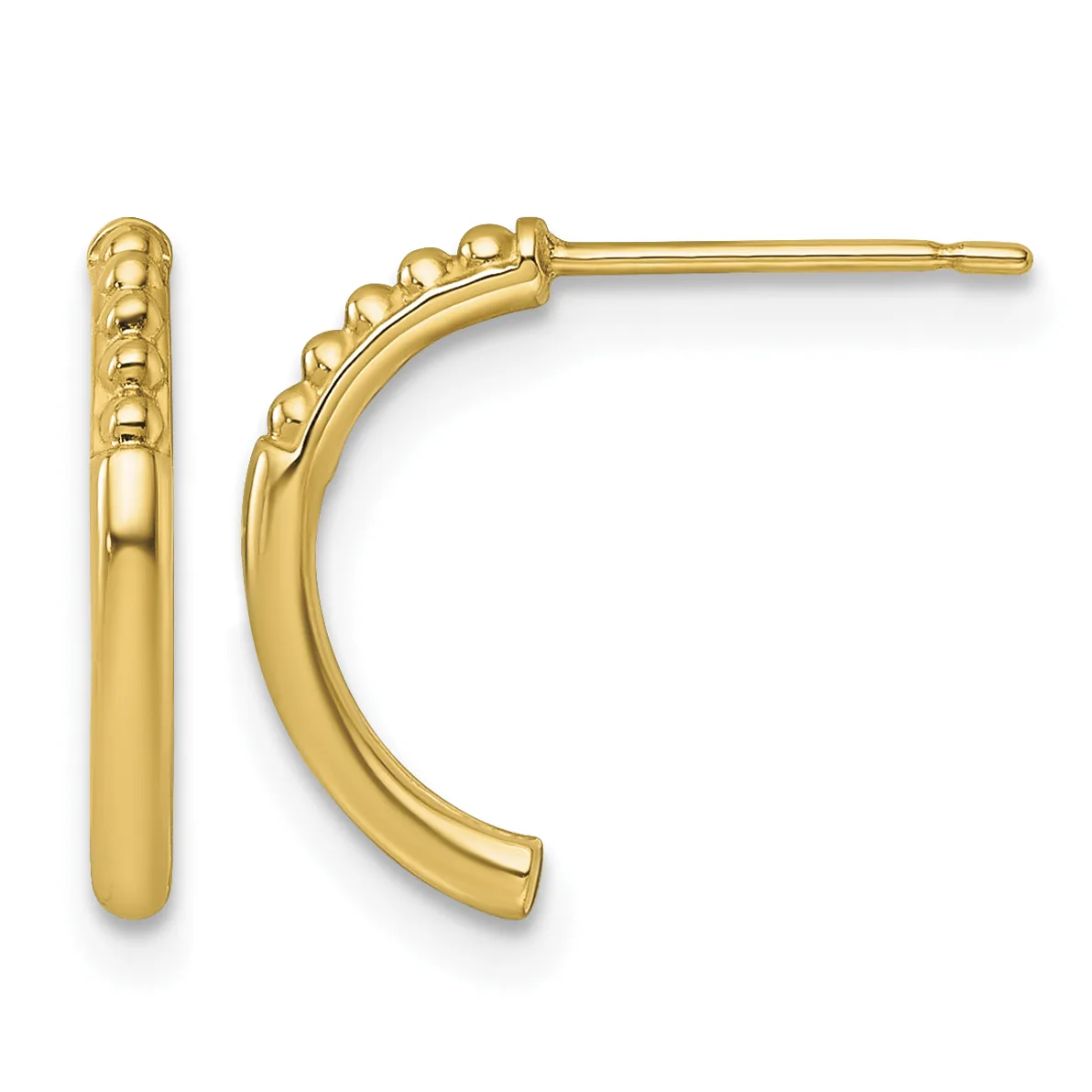 A pair of gold hoop earrings with textured and smooth surfaces, displayed against a white background.