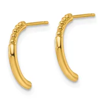 Pair of gold curved hoop earrings with textured beaded detail on the upper portion and smooth polished finish on the lower curved section.