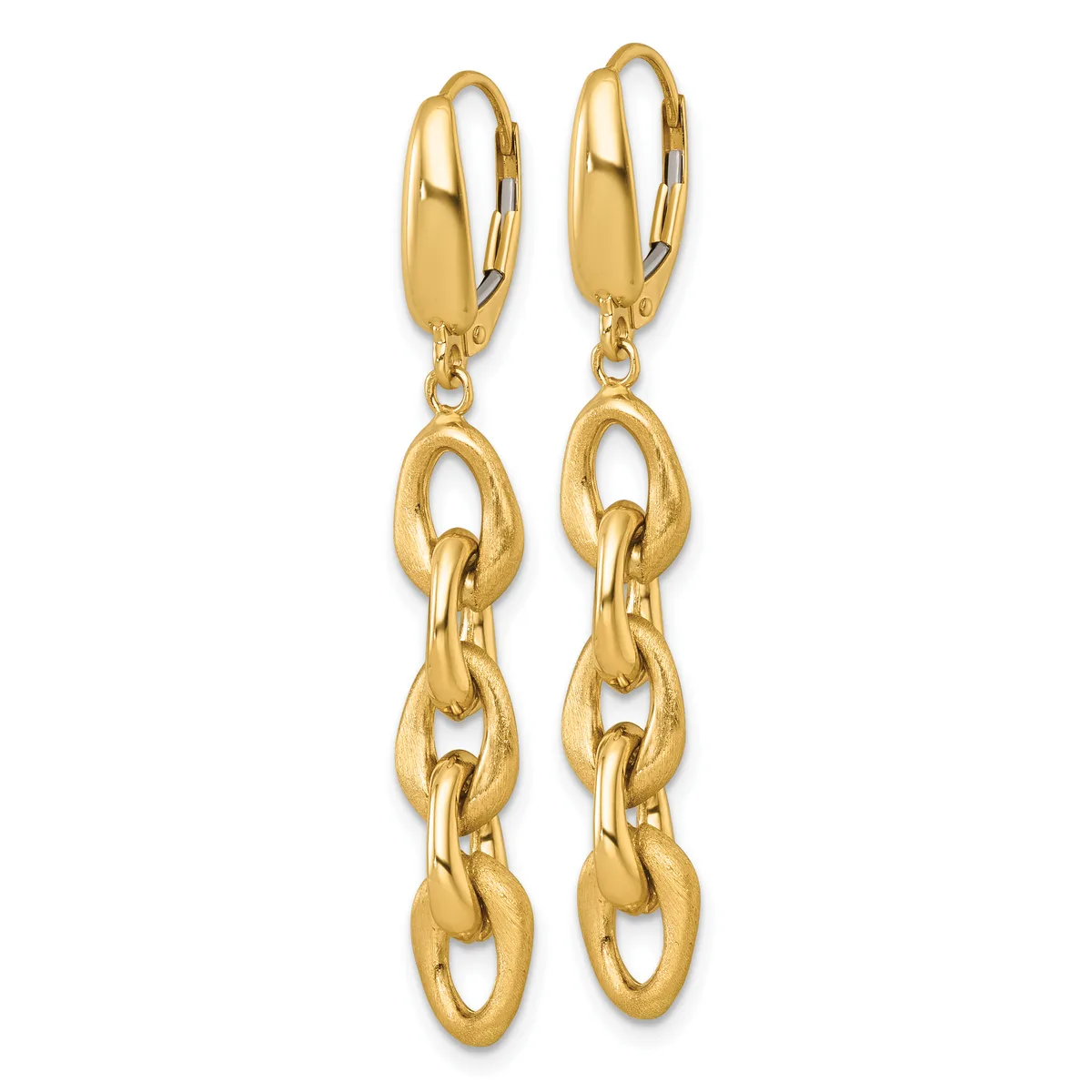 Pair of gold chain link dangle earrings with hinged lever backs, shown hanging against a white background.