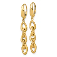 Pair of gold chain link dangle earrings with hinged lever backs, shown hanging against a white background.