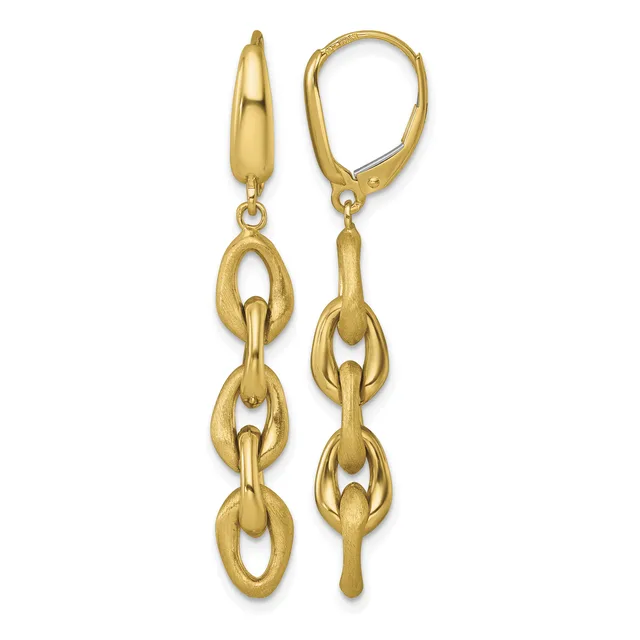 Pair of gold-colored chain link drop earrings with leverback closures, featuring three connected oval links that graduate in size.