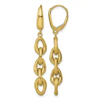 Pair of gold-colored chain link drop earrings with leverback closures, featuring three connected oval links that graduate in size.