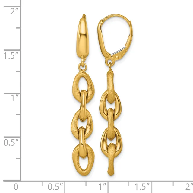 Gold-toned chain link dangle earrings with leverback closures, displayed against a measurement scale showing approximately two inches in length.