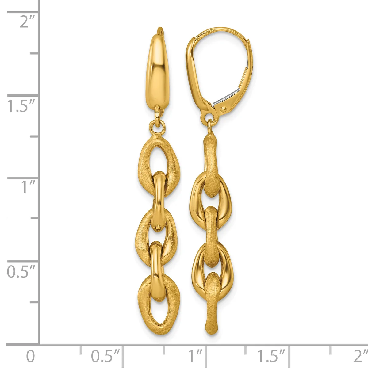 Gold-toned chain link dangle earrings with leverback closures, displayed against a measurement scale showing approximately two inches in length.