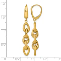 Gold-toned chain link dangle earrings with leverback closures, displayed against a measurement scale showing approximately two inches in length.