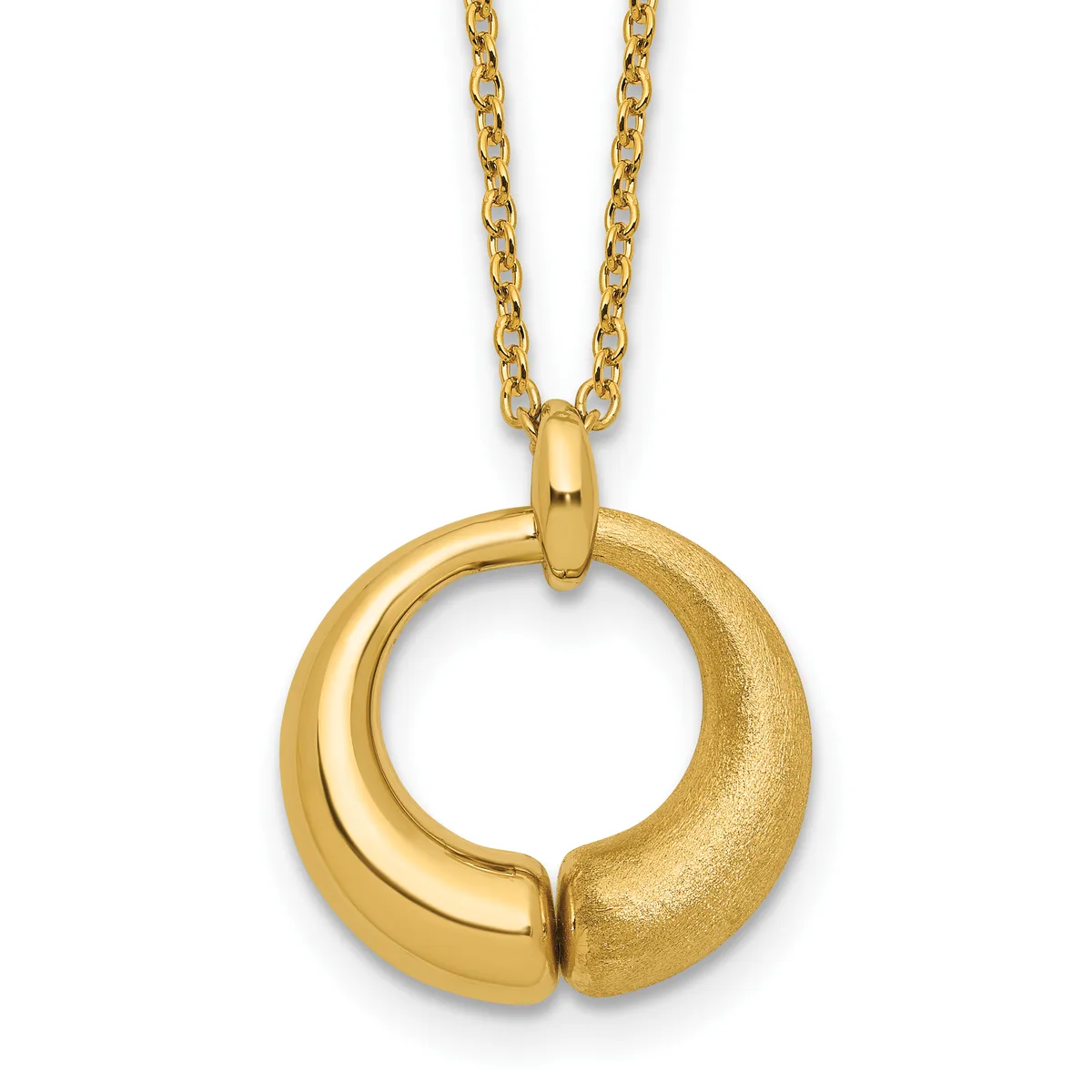 Gold circular pendant with a split design, one side polished and one side textured, hanging from a gold chain.