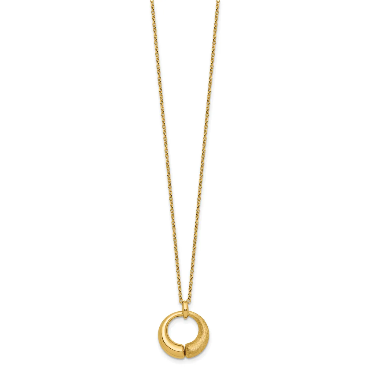 Gold-toned chain necklace with a circular hollow pendant hanging from the center.
