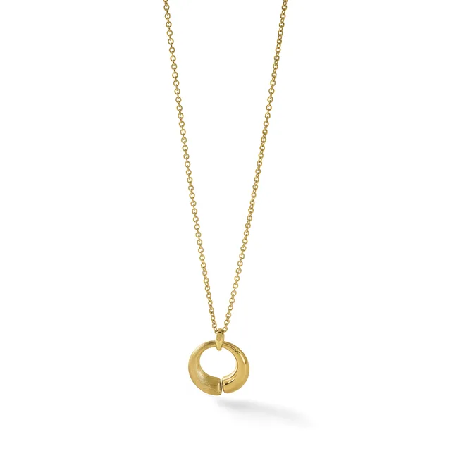 A gold chain necklace with a polished circular pendant featuring a split opening design, shown hanging against a white background.