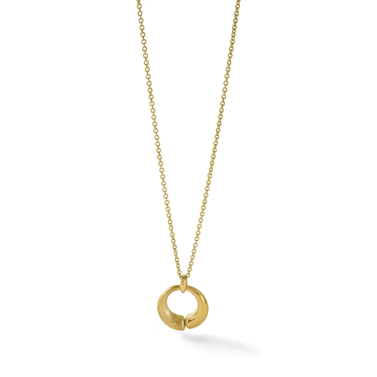 A gold chain necklace with a polished circular pendant featuring a split opening design, shown hanging against a white background.