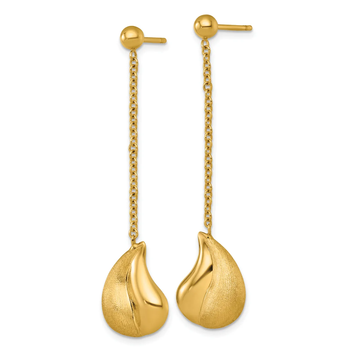 Pair of gold teardrop dangle earrings with ball studs connected by delicate chain links.