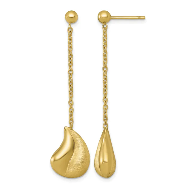 A pair of gold dangle earrings with ball posts connected by delicate chains to teardrop-shaped pendants with textured and polished finishes.