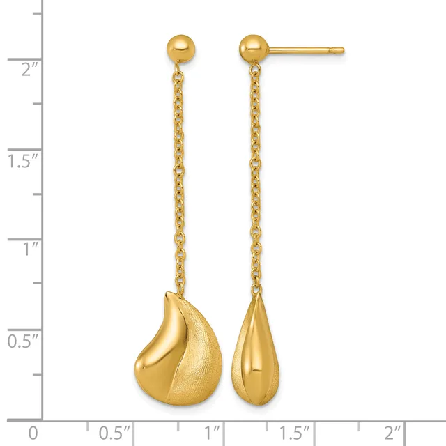 A pair of gold drop earrings with ball studs connected by delicate chain links to teardrop-shaped pendants, shown against a measurement scale.