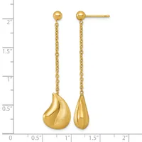A pair of gold drop earrings with ball studs connected by delicate chain links to teardrop-shaped pendants, shown against a measurement scale.