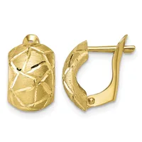 Pair of gold huggie earrings with textured geometric surface pattern and polished highlights, shown from front and side views.