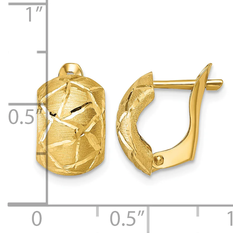 Pair of gold huggie earrings with a textured crosshatch pattern, shown from front and side views with a measurement scale indicating approximately half an inch in height.