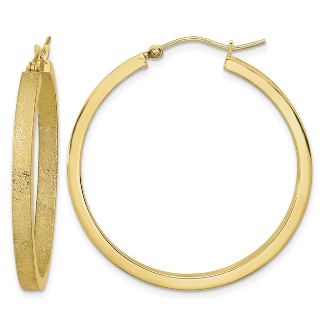 A pair of gold hoop earrings shown from front and side views, featuring a textured finish on one earring and a polished finish on the other.