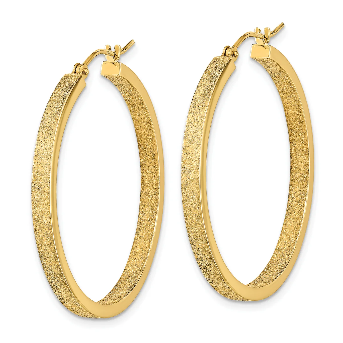 Pair of gold textured hoop earrings with a satin finish, displayed against a white background.
