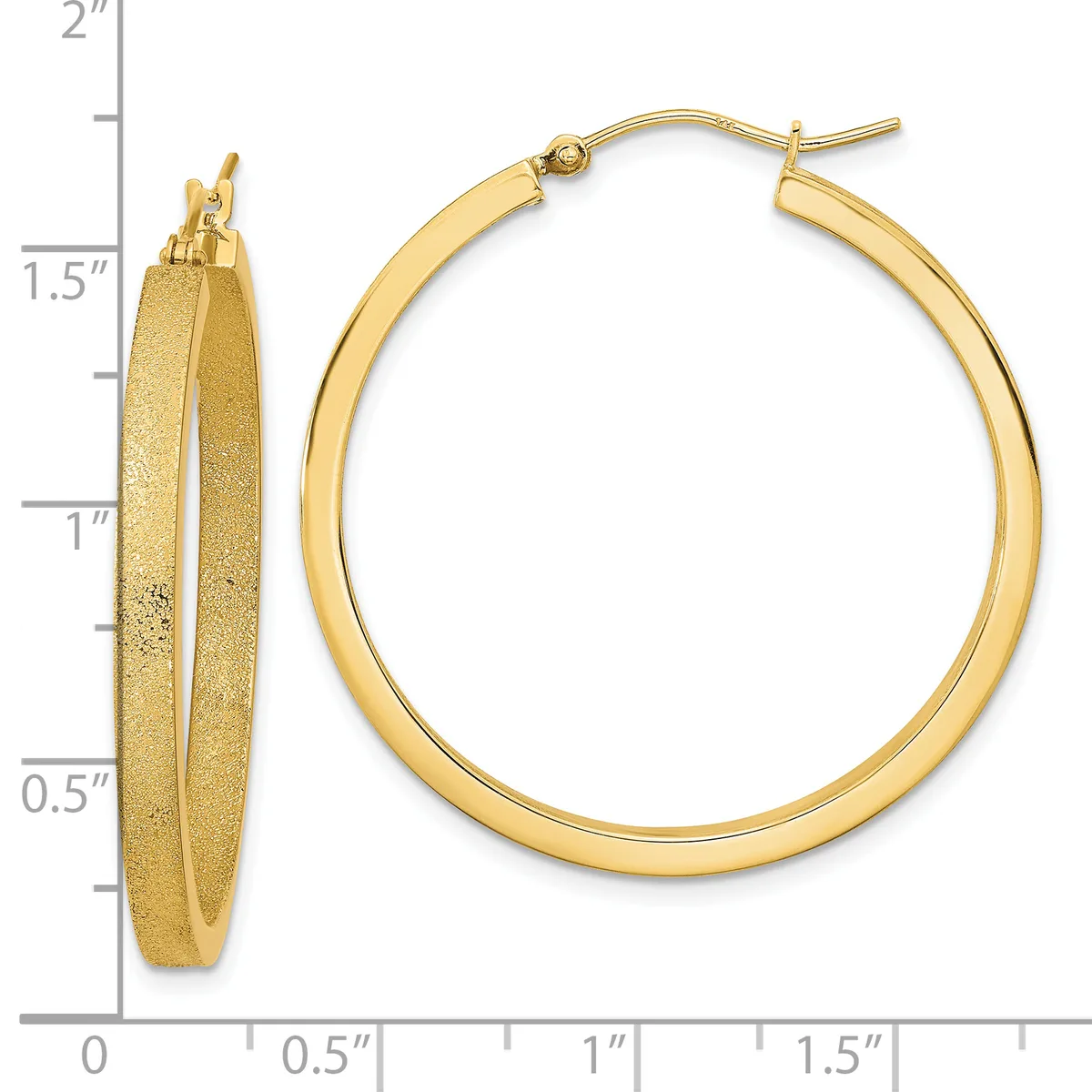 Pair of gold hoop earrings with a textured finish, shown from front and side views against a measurement scale indicating approximately 1.5 inches in diameter.