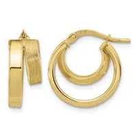 Pair of polished gold hoop earrings with textured inner surfaces, shown from front and side angles.