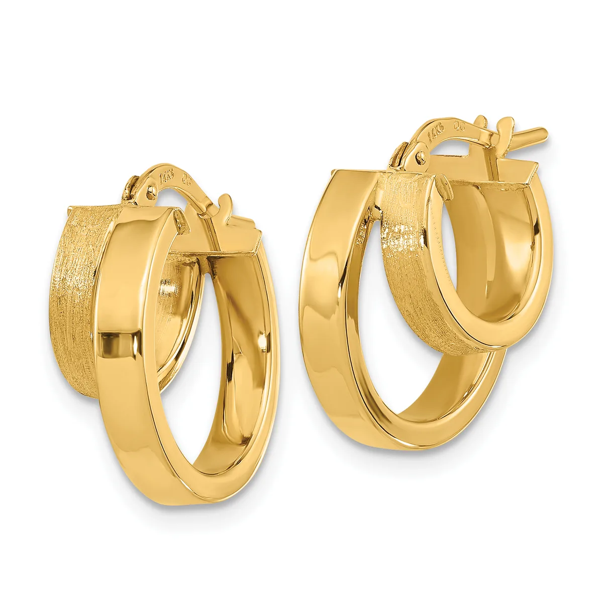 Pair of polished and textured gold hoop earrings with posts and backs, shown from the front and side angles.