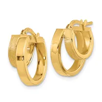 Pair of polished and textured gold hoop earrings with posts and backs, shown from the front and side angles.