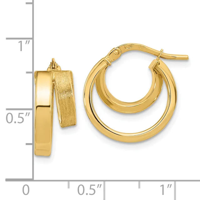 Polished gold double hoop earrings with posts and backs, shown front and side view next to a measurement scale indicating approximately one inch in length.
