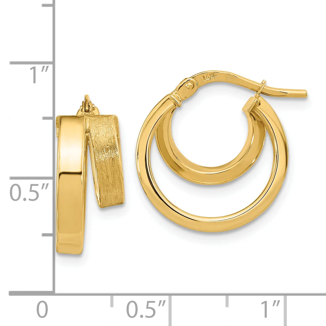 Polished gold double hoop earrings with posts and backs, shown front and side view next to a measurement scale indicating approximately one inch in length.