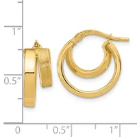 Polished gold double hoop earrings with posts and backs, shown front and side view next to a measurement scale indicating approximately one inch in length.