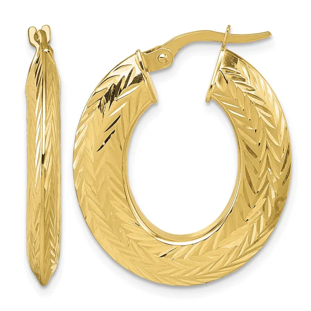 A pair of gold hoop earrings with a textured chevron pattern surface, shown from front and side views with matching post and clutch closures.