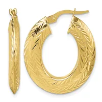 A pair of gold hoop earrings with a textured chevron pattern surface, shown from front and side views with matching post and clutch closures.