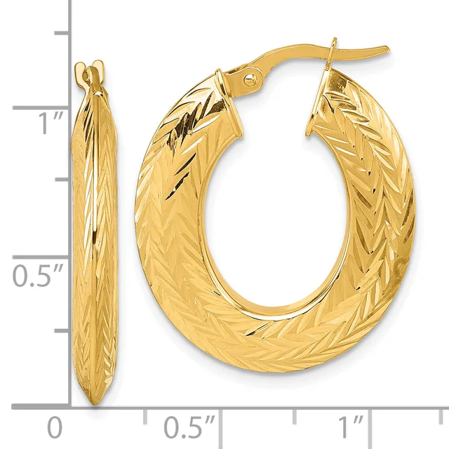 Pair of gold hoop earrings with textured diagonal stripe pattern, measuring approximately one inch in diameter with post and clutch closures.