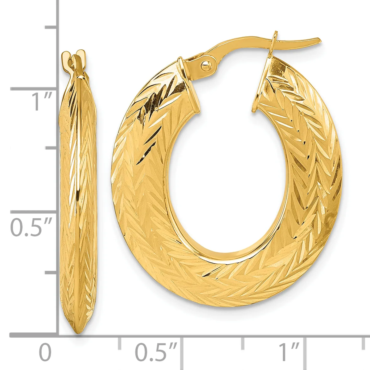Pair of gold hoop earrings with textured diagonal stripe pattern, measuring approximately one inch in diameter with post and clutch closures.