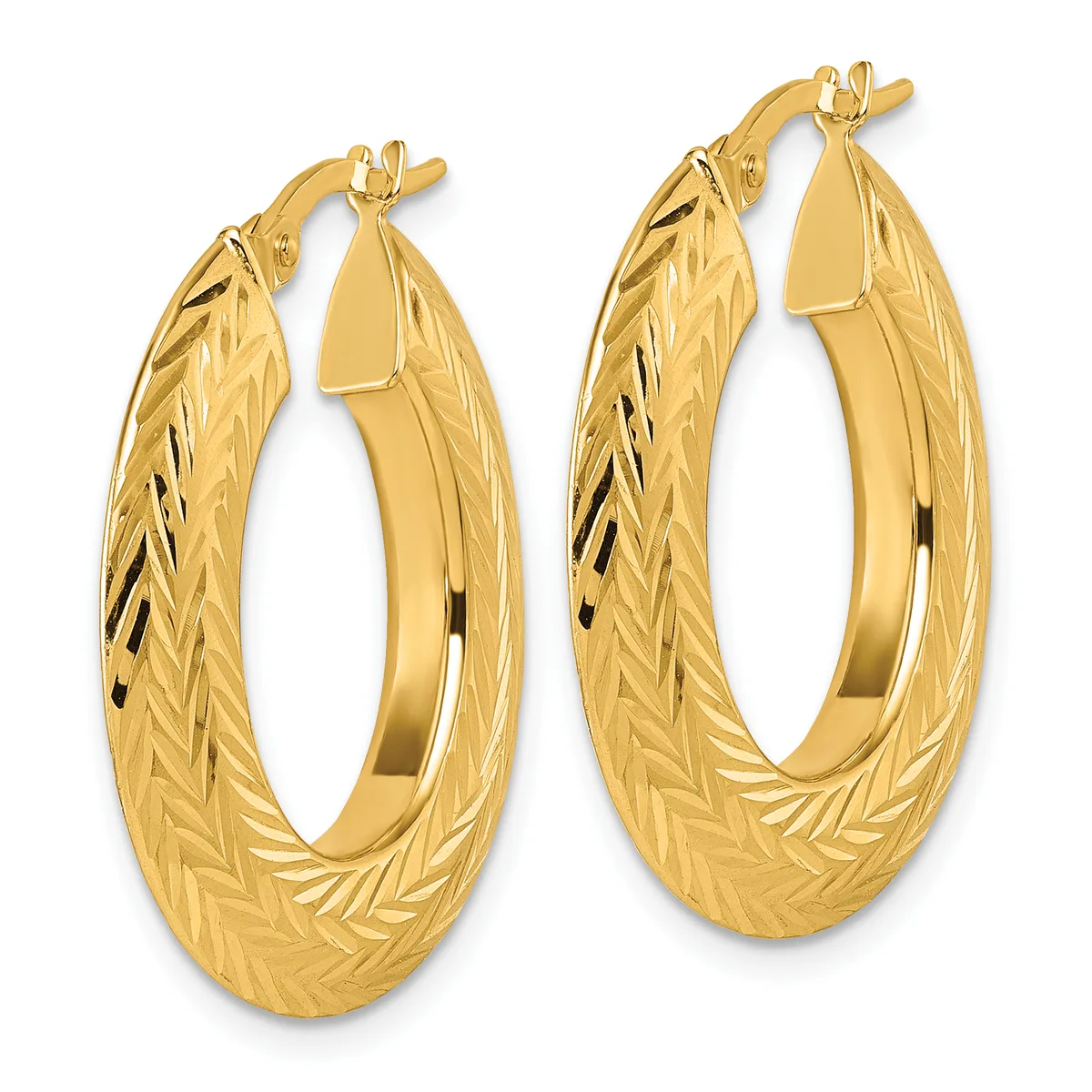 A pair of textured gold hoop earrings with a diagonal line pattern, shown from the front against a white background.