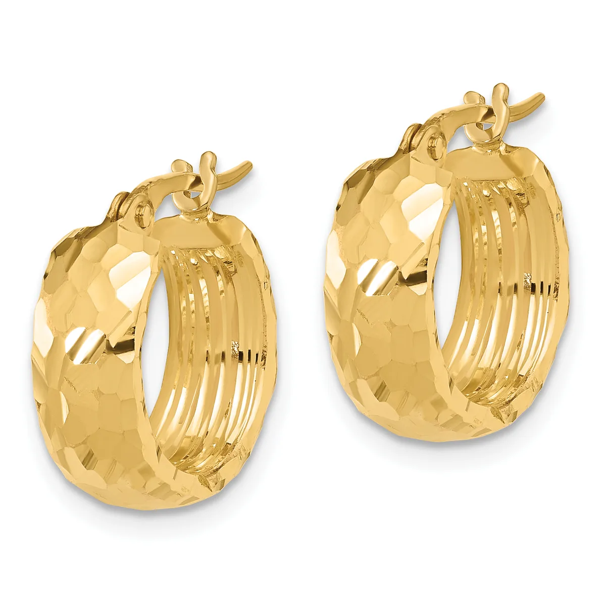A pair of gold hoop earrings with textured surfaces and ridged inner details, shown from the front with post and clutch closures.