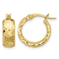 A pair of gold hoop earrings with a textured hammered surface and cylindrical design, shown from front and side views.