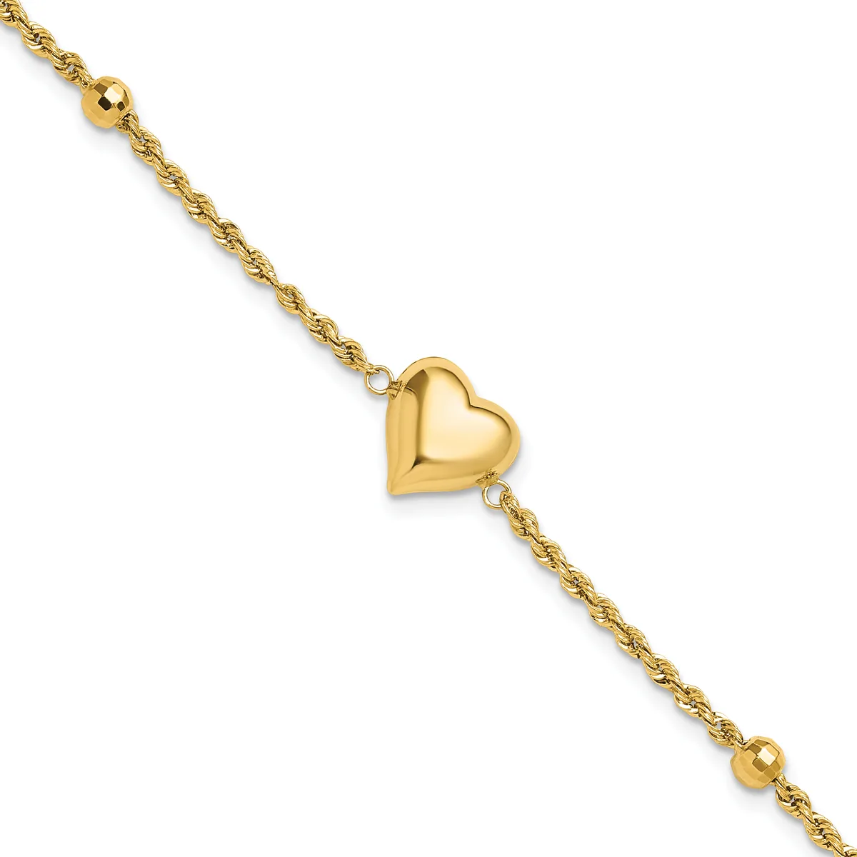 Gold-toned bracelet with a twisted chain design, featuring a polished heart charm in the center and small spherical beads at each end.