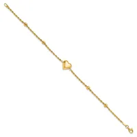 Gold-toned bracelet with a delicate chain featuring small beads and a polished heart charm in the center.