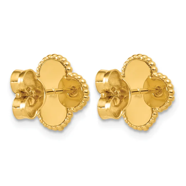 Pair of gold four-leaf clover shaped stud earrings with scalloped edges and post backs shown from front and side angles.