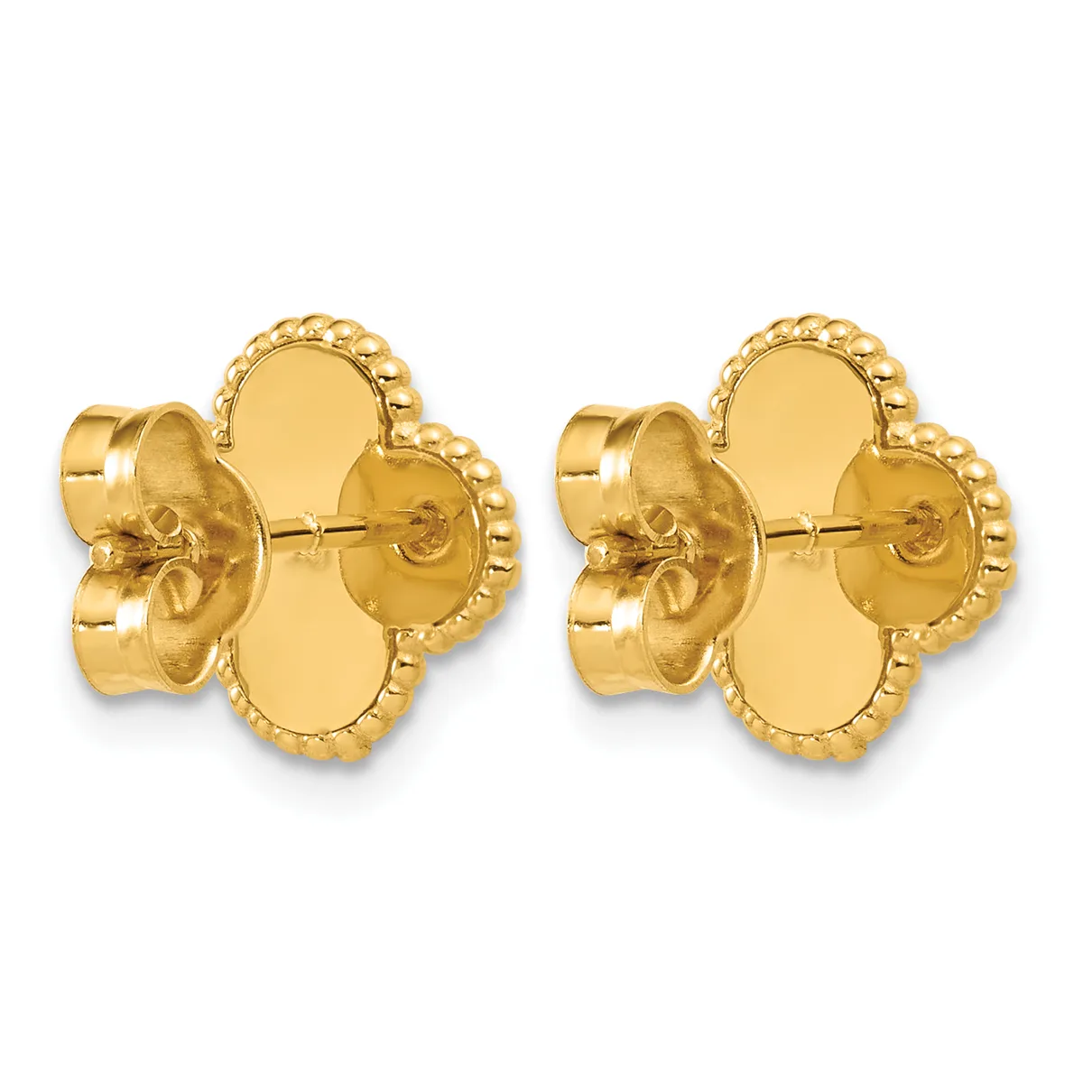 Pair of gold four-leaf clover shaped stud earrings with scalloped edges and post backs shown from front and side angles.