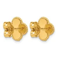 Pair of gold four-leaf clover shaped stud earrings with scalloped edges and post backs shown from front and side angles.