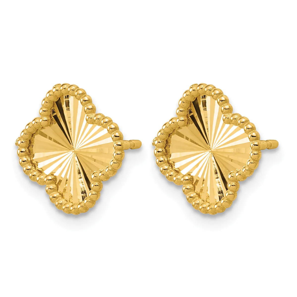 Pair of gold four-loaf clover stud earrings with textured borders and radiating line pattern, shown from the front.