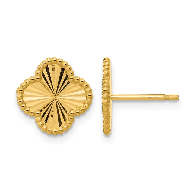 Pair of gold four-leaf clover stud earrings shown from front and side view, featuring radiating line texture and beaded edges.